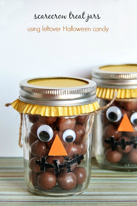 Scarecrow treat jars using leftover Halloween candy